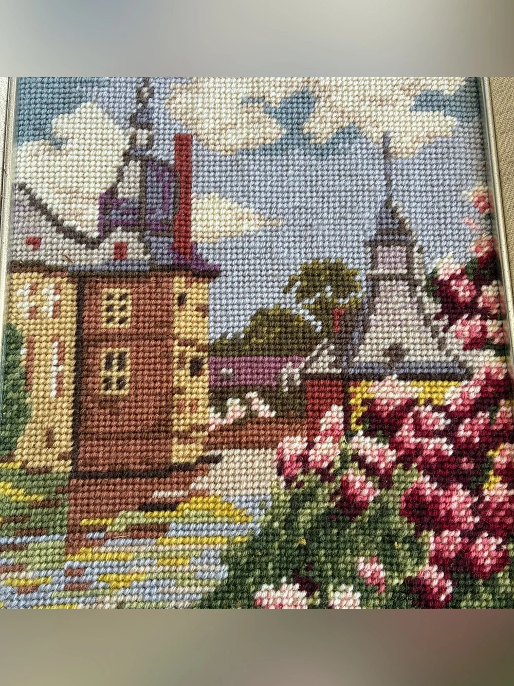 Vtg Handcrafted Needlepoint Tapestry Scenic Snow Village Renaissance Gold Frame